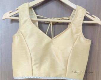 Golden Sari Blouse: Sleeveless Raw Silk Bollywood Blouse