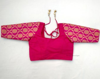 Pink Brocade Saree Blouse: Readymade Indian Bollywood Blouse, Padded
