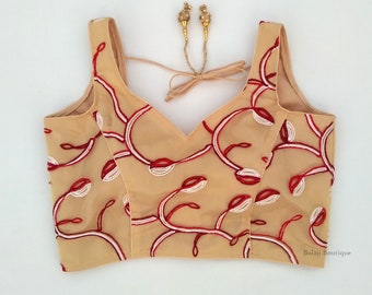 Gold Dupion Silk Sari Blouse: Embroidered Indian Crop Top