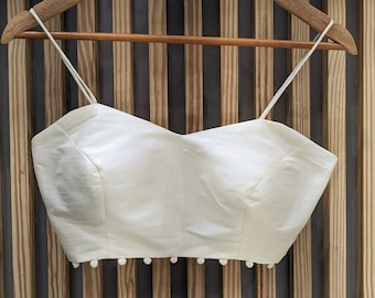 Made To Order White Raw Silk Saree Blouse: Deep Sweetheart Neck