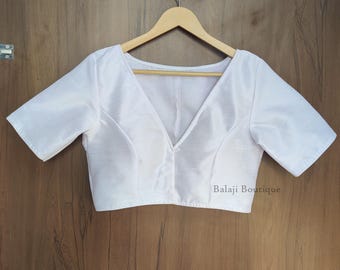 White Raw Silk Saree Blouse V Neck Bollywood Crop Top For Women