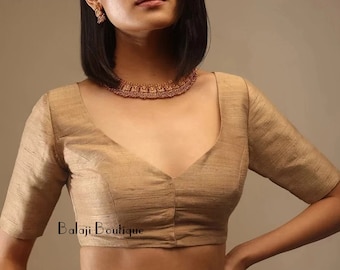 Chemisier sari en soie brute Bollywood avec demi-manches, haut court sari indien