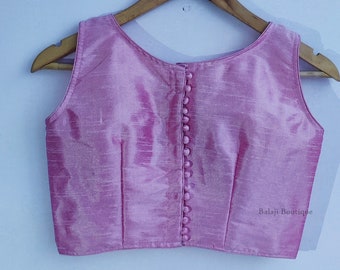 Made To Order Baby Pink Raw Silk Saree Blouse: Boatneck Indian Blouse
