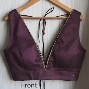 Indian Designer Purple Raw Silk Sari Blouse, Deep V Neck