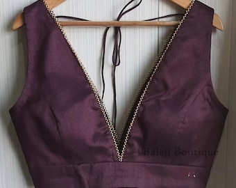 Indian Designer Purple Raw Silk Sari Blouse, Deep V Neck