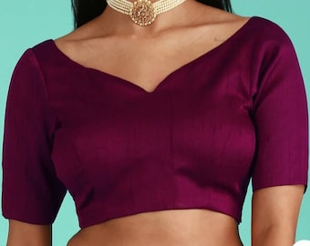 Made To Order Purple Raw Silk Saree Blouse: Princess Cut Crop Top