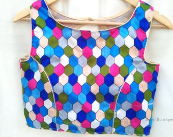 Made To Order Indian Sari Blouse: Partywear Satin Silk Crop Top