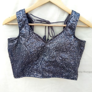 Gray Sequins Saree Blouse: Indian Crop Top, Padded Sari Top