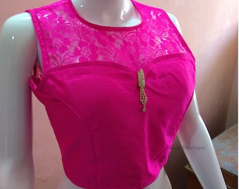 Pink Dupion Silk Saree Blouse: Flower Net Partywear Blouse