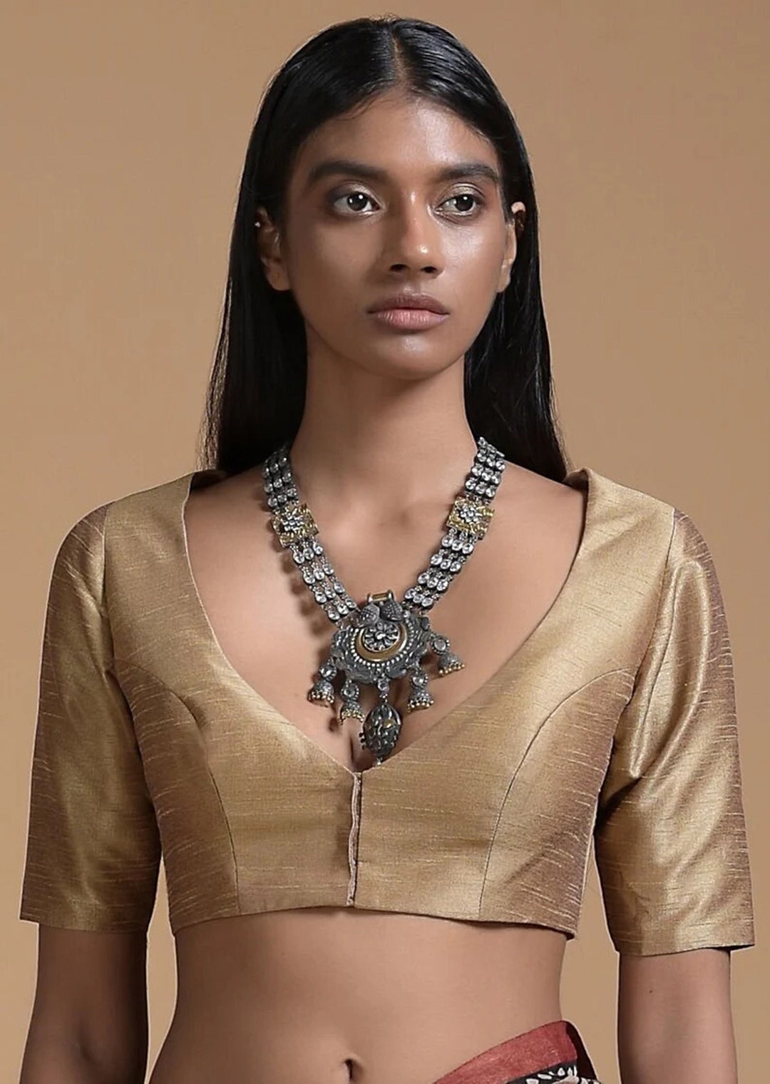 Take A Look About Golden Crop Top For Saree