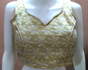 Golden Brocade Saree Blouse: Readymade Indian Crop Top