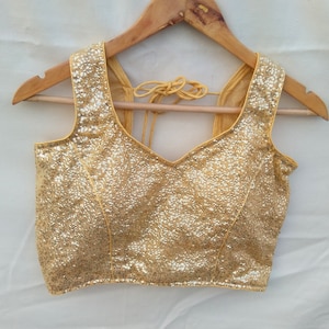 Golden Sequin Saree Blouse: Indian Crop Top, Bollywood Style