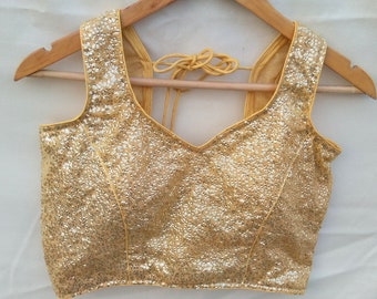 Golden Sequin Saree Blouse: Indian Crop Top, Bollywood Style