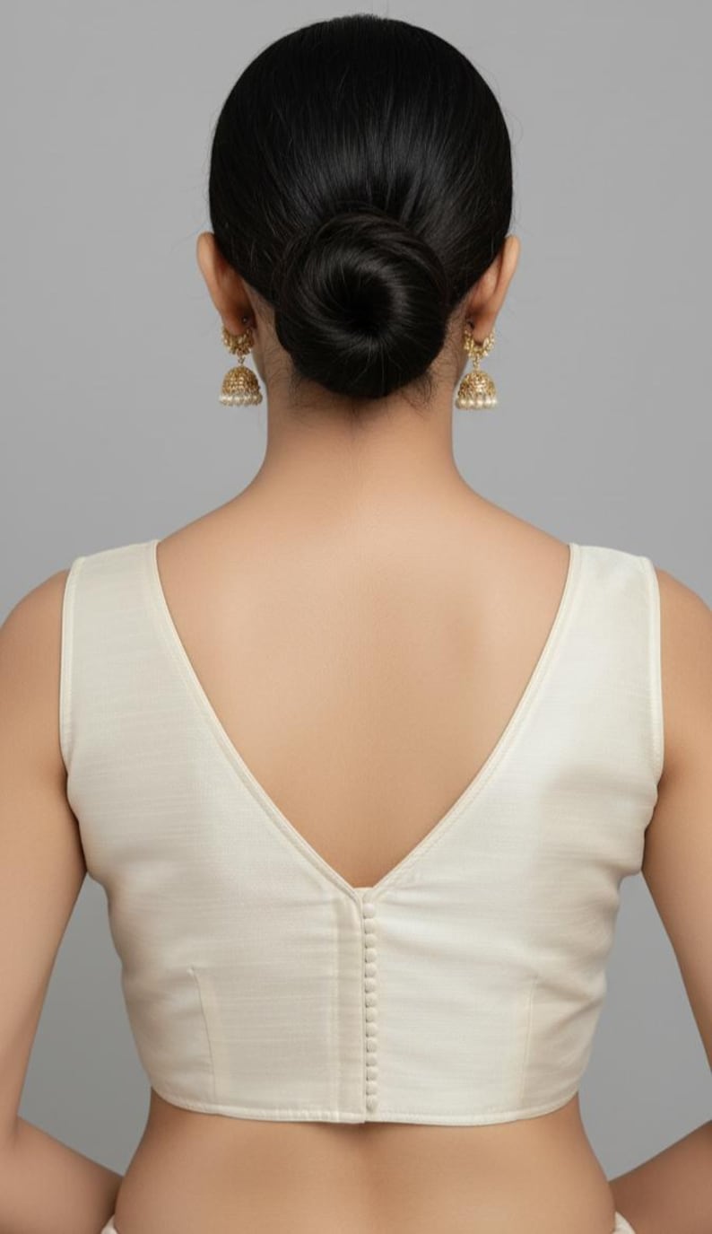 May include: A sleeveless off-white blouse featuring a deep V-neckline on the back, accented with a vertical row of small matching fabric buttons running down the center. The garment is paired with gold-toned bell-shaped drop earrings.