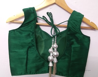 Green Raw Silk Saree Blouse, Indian Crop Top with Tassels