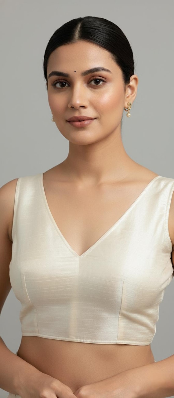 Custom Made Raw Silk Saree Blouse, V Neck Sleeveless Crop Top
