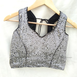 Readymade Sequins Saree Blouse, Fancy Blouse, Saree Top, Sari Blouse, Silver Sequins Glitter Blouse, Indian Saree Blouse For Women, Crop Top
