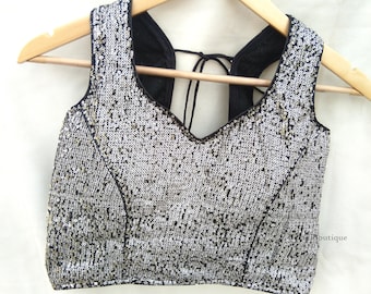 Silver Sequins Saree Blouse: Readymade Indian Crop Top