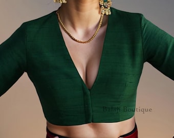 Green Raw Silk Saree Blouse V Neck Bollywood Sari Crop Top For Women
