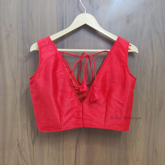 Red Raw Silk Sari Blouse: V Neck Sleeveless Bollywood Top