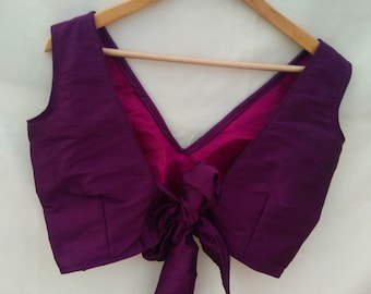 Made To Order Purple Raw Silk Saree Blouse: Indian Bollywood Partywear