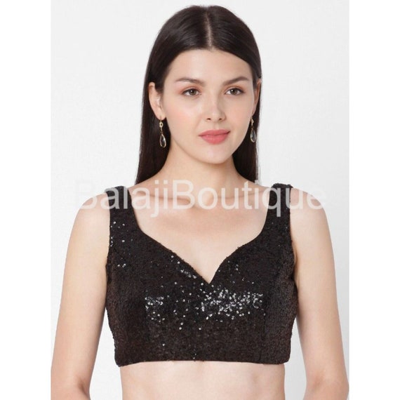Made To Order Black Sequin Saree Blouse: Bollywood Weddingwear Crop Top