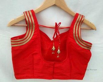 Red Dupion Silk Saree Blouse: Indian Bollywood Crop Top