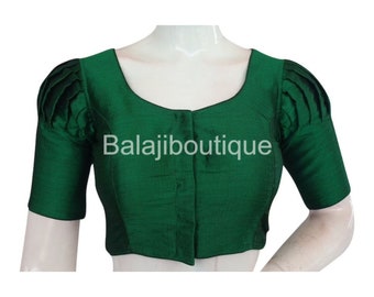 Designer Green Saree Blouse With Puff Sleeves