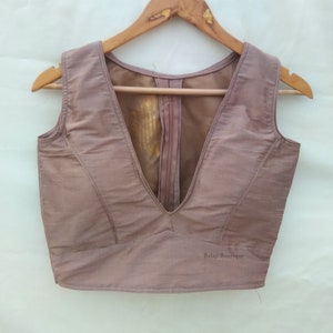 Made To Order Raw Silk Saree Blouse: Sleeveless Indian Sari, V Neck