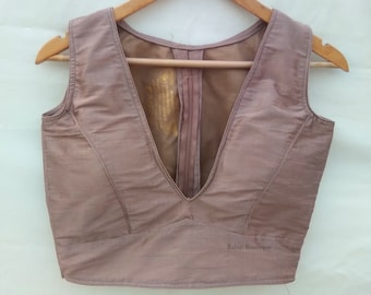 Made To Order Raw Silk Saree Blouse: Sleeveless Indian Sari, V Neck