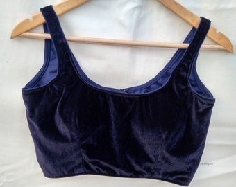 Navy Blue Velvet Saree Blouse Indian Partywear Blue Crop Top For Bridal Women