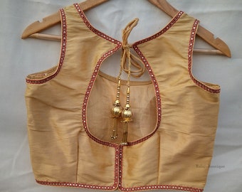 Handmade Golden Saree Blouse: Raw Silk Lehenga Crop Top