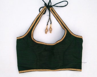 Raw Silk Halter Neck Saree Blouse: Custom Bollywood Crop Top