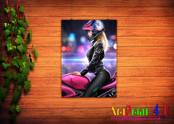Overwatch Dva Poster Sexy Anime Girl On Motorcycle Helmet Cute Biker Girl Lady Beautiful Glossy Matte Photo Paper A0 A1 A2 A3 A4 Sizes