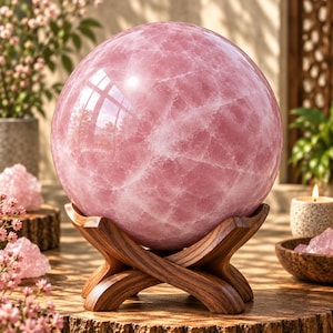 Puede incluir: Una gran esfera de cuarzo rosa pulido con un tono rosa pálido translúcido y fracturas cristalinas internas visibles. La esfera descansa de forma segura sobre un soporte de madera marrón oscuro en forma de cruz con un acabado veteado.