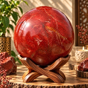 May include: A large, polished, spherical red jasper stone with visible natural white and gold veining throughout its surface. The sphere is displayed resting securely on a dark brown, crossed wooden stand with a smooth, curved grain pattern.