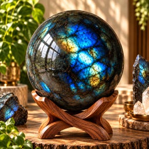 Peut inclure: Une sphère en labradorite polie présentant des reflets irisés bleus et dorés sur une surface gris foncé texturée. La sphère repose sur un support en bois incurvé à trois pieds, mettant en valeur le grain naturel du bois et une finition lisse.