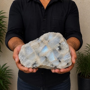 May include: A large, raw moonstone specimen featuring a rough, textured surface with translucent, off-white crystalline sections and distinct patches of iridescent blue adularescence, interspersed with small, dark mineral inclusions.