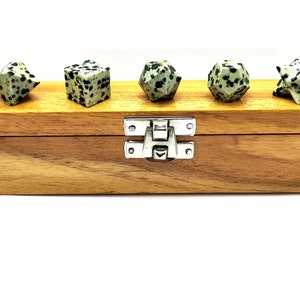 Dalmation Jasper Platonic Solids: Sacred Geometry Set with Wooden Box