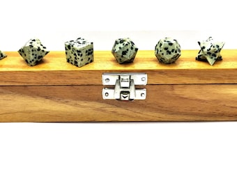 Dalmation Jasper Platonic Solids: Sacred Geometry Set with Wooden Box