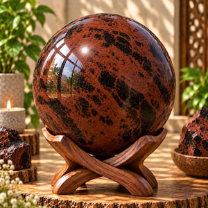 May include: A polished mahogany obsidian sphere with deep reddish-brown and black mottled patterns. The smooth, reflective stone ball rests securely on a carved wooden tripod stand, showcasing natural mineral inclusions and a glossy finish.