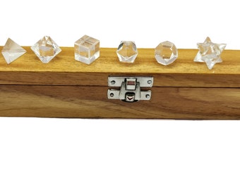 Clear Quartz Platonic Solids Set: Sacred Geometry Crystals in Wooden Box