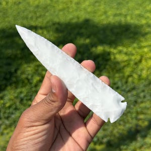 White Jade Glass Arrowhead: Hand-Knapped Crystal Flint Stone, 5.5-6&quot;