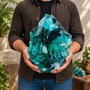 May include: A large, irregular chunk of translucent teal blue glass with a jagged, crystalline texture. The surface features sharp, angular facets and deep, vibrant color variations that catch the light, creating a reflective and glassy appearance.