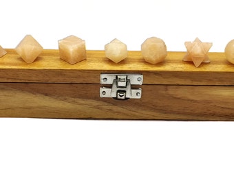 Yellow Aventurine Platonic Solids Set: Sacred Geometry Crystals, Wooden Box