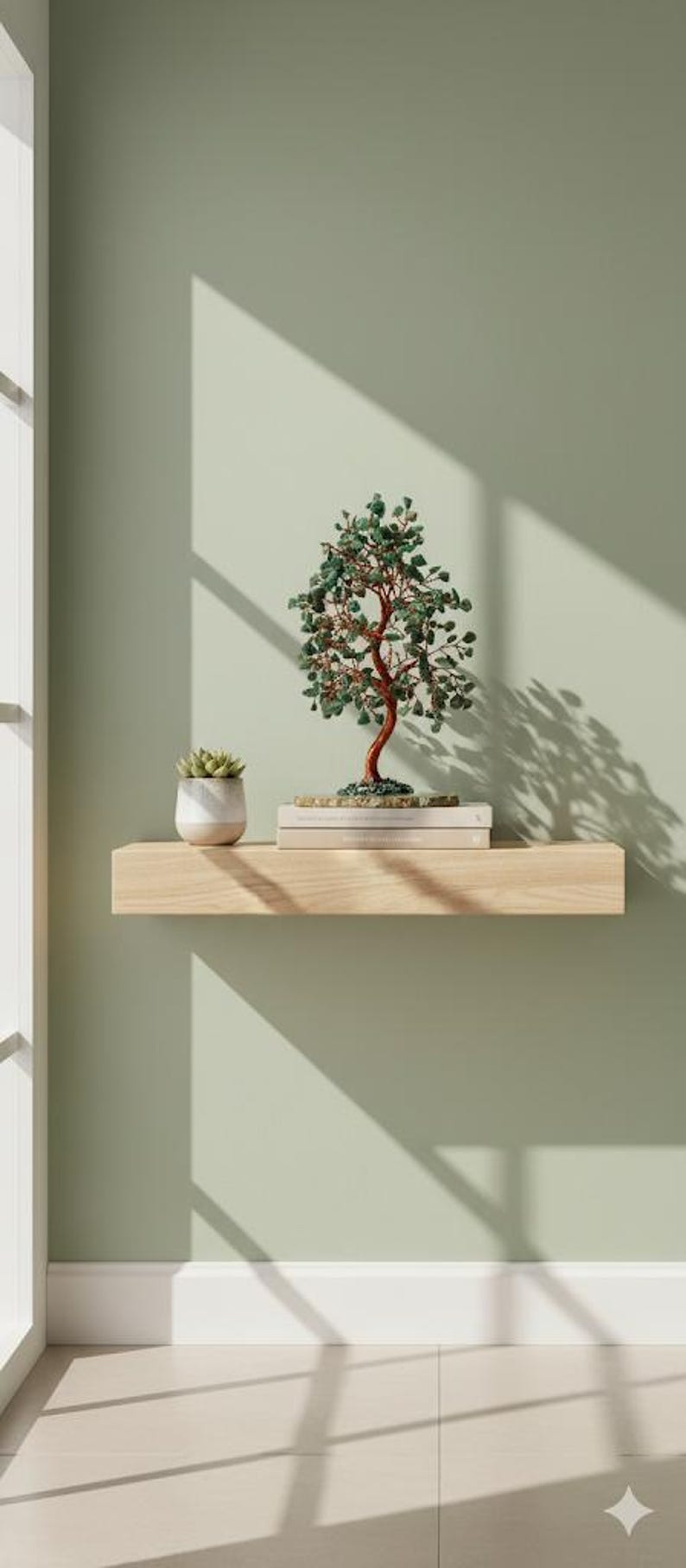 May include: A decorative bonsai tree with a brown trunk and green leaves sits on a light wood shelf. A small succulent in a white pot and two books are also on the shelf. The wall is a muted green color.