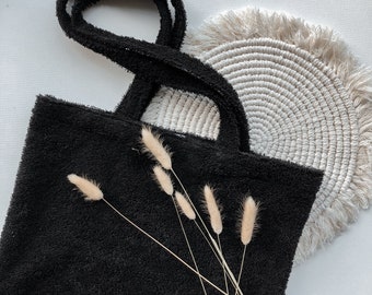 Strandtasche aus Frottee, schwarz | handmade, mit Innentasche | Badetasche | Tragetasche | Sommertasche | Urlaub