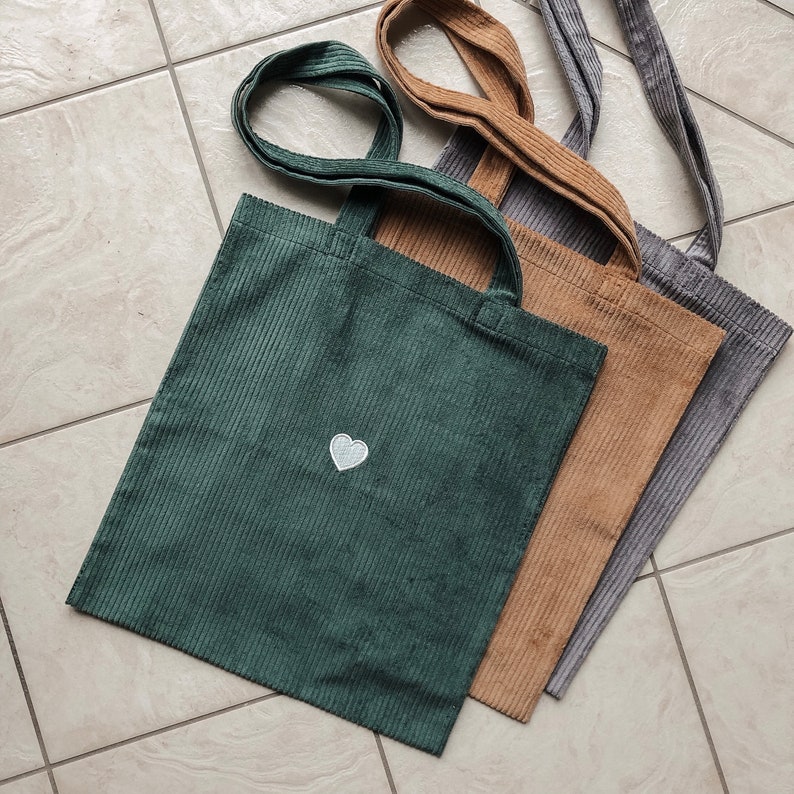 Cordtasche mit Herz Stickerei Tragetasche Jutebeutel bestickt mit Innentasche Einkaufsbeutel Shopper image 1