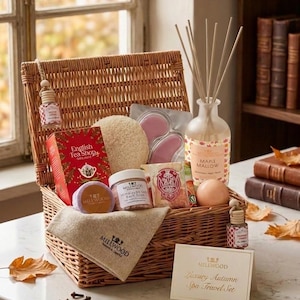 May include: A wicker basket containing a spa set with a box of English Tea Shop tea, a round sponge, pink eye masks, a glass reed diffuser labeled Maple Mallow, a jar of Millwood Himalayan bath salts, a soap bar, and a branded linen cloth.