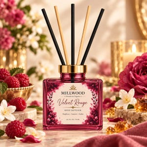 May include: A square glass reed diffuser bottle in deep magenta with a gold collar, containing five black and tan reeds. The label reads Millwood Naturals & Organics Velvet Rouge Reed Diffuser Raspberry Jasmine Amber 3.21 FL. OZ. / 95 ML.